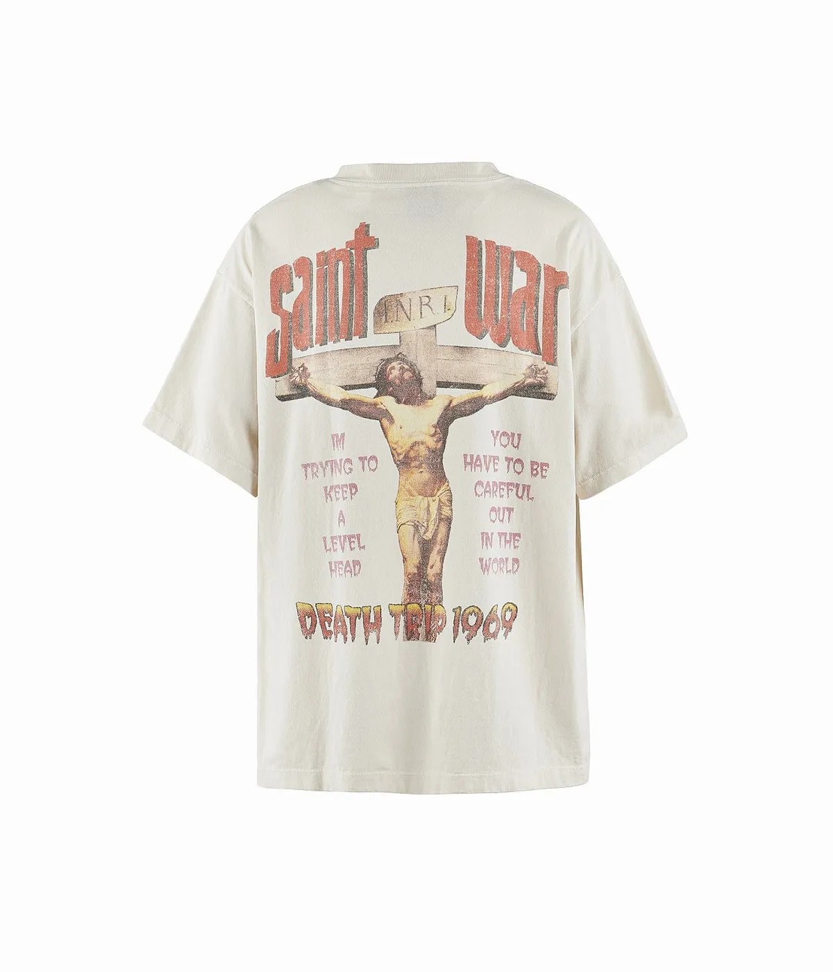 SAINT MICHAEL SAINT WAR TEE/WHAT new style Jesus cross retro short-sleeved, off-white S-XL, ready-to-wear, washed and distressed, printed repeatedly and modified, tube-woven seamless fabric, with little angel anti-counterfeiting label